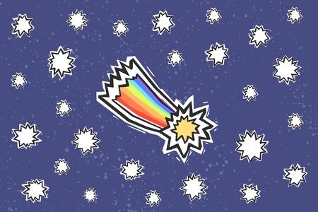 Vivid rainbow comet in graffiti design style on dark blue backgroundのイラスト素材