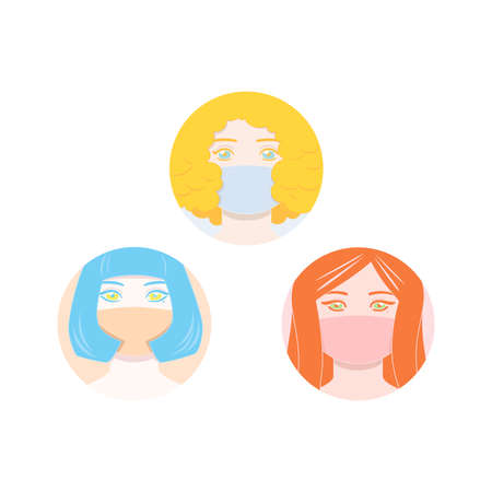 Young woman in medicine mask, round icon setのイラスト素材