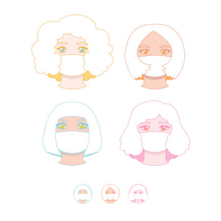 Young woman in medicine mask, round icon setのイラスト素材