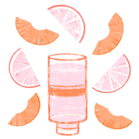 Colorful sketch of cocktail drink with peach and grapefruit slicesの写真素材