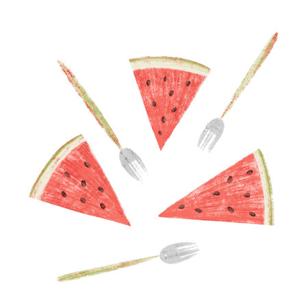 Illustration of a watermelon wedges and forksの写真素材