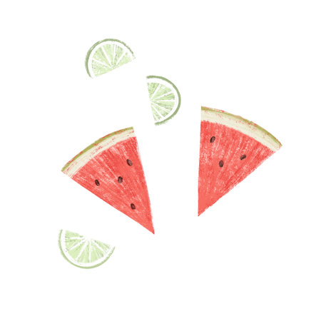Illustration of a watermelon wedges and lime slicesの写真素材