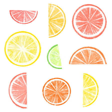 Slices of various citruses on whiteの写真素材