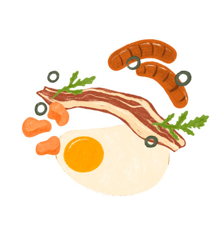 Hand drawn composition of eggs, sausages and baconの写真素材