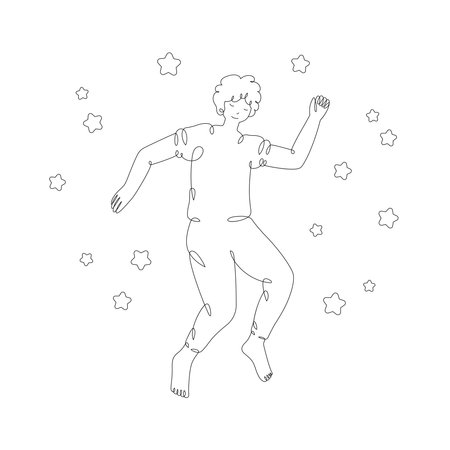Sleeping boy with stars, top view, isolated line art illustrationのイラスト素材