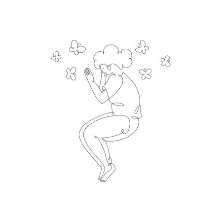 Sleeping girl with butterflies, top view, isolated line art illustrationのイラスト素材