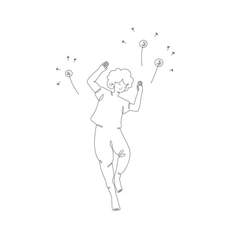 Sleeping girl with dandelions, top view, isolated line art illustrationのイラスト素材