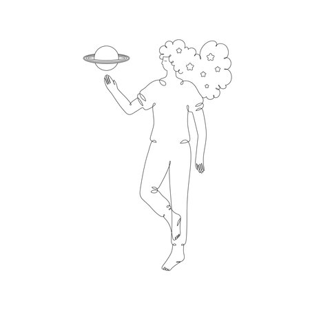 Sleeping girl with planet and stars, isolated line art illustrationのイラスト素材