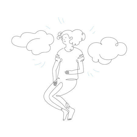 Sleeping girl with clouds, isolated line art illustrationのイラスト素材