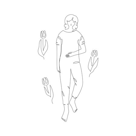 Sleeping woman with tulips, isolated line art illustrationのイラスト素材