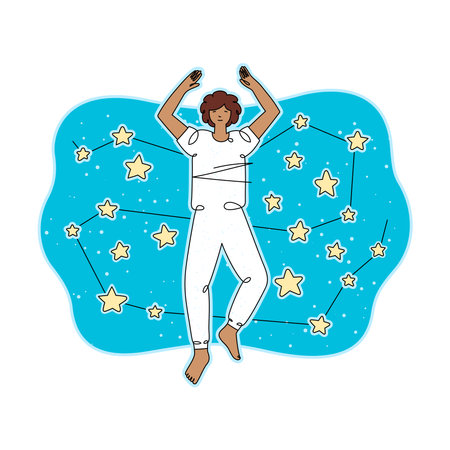 Sleeping boy on starry sky background, top view, isolated line art illustrationのイラスト素材