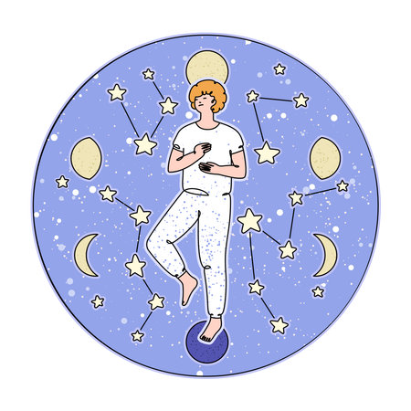 Sleeping boy on starry sky background, top view, isolated line art illustrationのイラスト素材