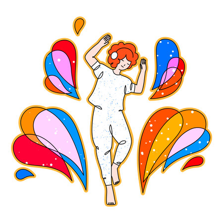 Dancing teenage girl in headphones and colorful splashesのイラスト素材