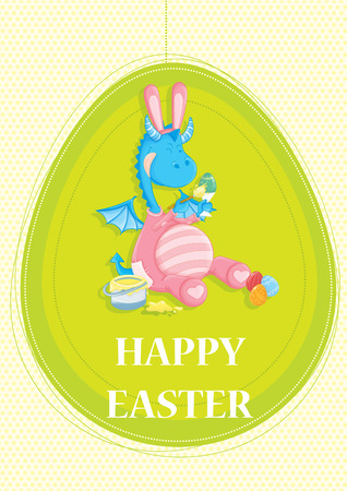 Happy Easter greeting card with cute blue dragonのイラスト素材