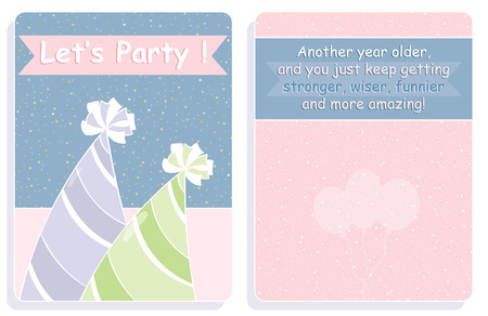 Birthday card,front and back with party hatsのイラスト素材