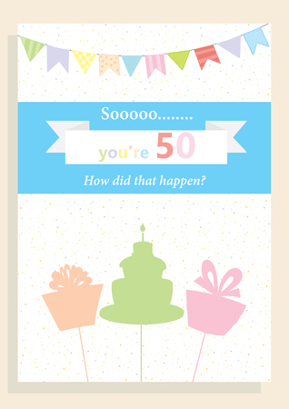 Birthday card with colored banner,cake and presentsのイラスト素材