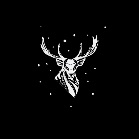 Black and white monochrome emblem, symbol, logotype, sign, badge, sticker, poster of deer. Identity, T-shirt, textile, cloth, apparel, tattoo, print usageのイラスト素材