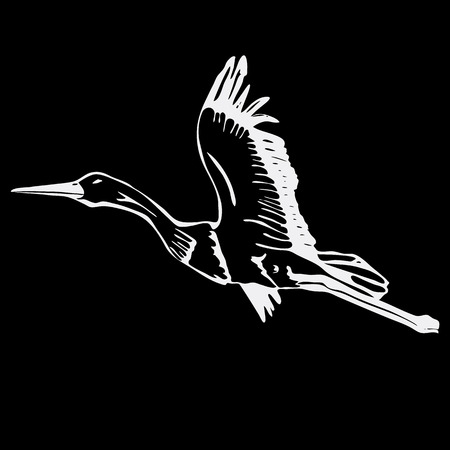Hand-drawn pencil graphics, bird, stork, swan, duck. Linocut, stencil style. Black and white logo, sign, emblem, symbol. Stamp, seal. Simple illustration. Sketch.のイラスト素材