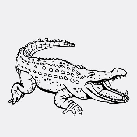 Hand-drawn pencil graphics, crocodile, alligator, croc. Engraving, stencil style. Black and white...