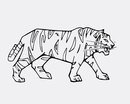 Hand-drawn pencil graphics, tiger head. Engraving, stencil style. Black and white logo, sign, emblem, symbol. Stamp, seal. Simple illustration. Sketch.のイラスト素材