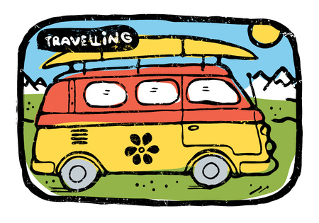 Hippie traveling bus with surfing board luggage riding on the road. Mountains on background. Colored illustration.のイラスト素材