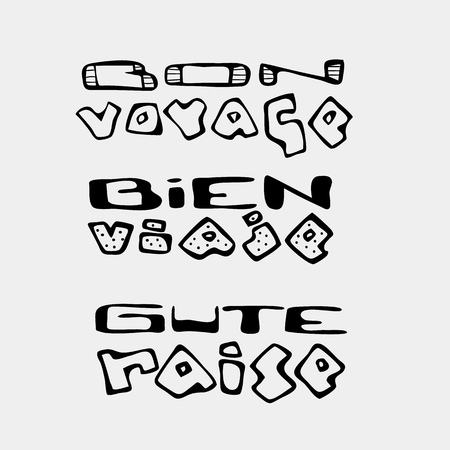 Set of text traveling slogans lettering. Bon voyage, bien viaje, gute reise. Texts in French, Spanish, German. Can be used on banners, cards.のイラスト素材