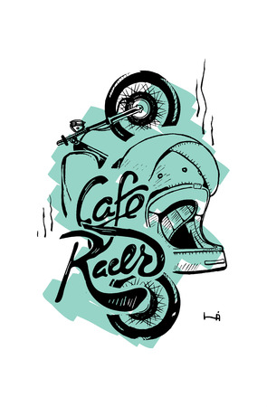 Cafe racer print t-shirt emblem. Motorcycle, helmet, text letteringのイラスト素材