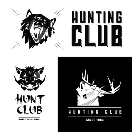 Icon, emblem, sign, symbol insignia of horse, deer, bull, bear, boar head. Stencil, linocut, engraving style. Monochrome, black and white.のイラスト素材