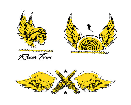 Moto biker theme, icon, logo or sticker set. Cafe racer. Golden, white background.のイラスト素材