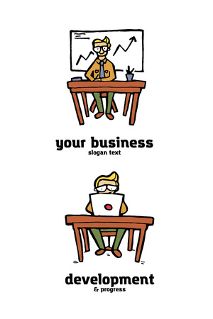 Businessman funny cartoon logo set. Naive style illustration.のイラスト素材