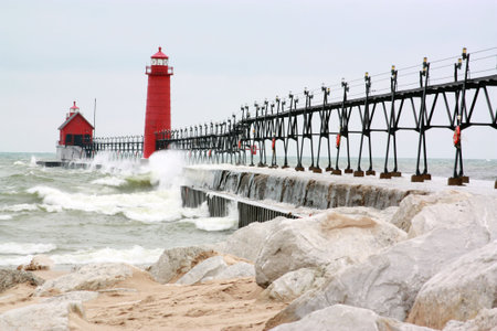 A Michigan pier and lighthouse.の写真素材