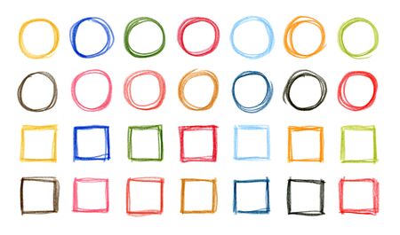 hand drawn colorful circles and squares written by colored pencilの写真素材