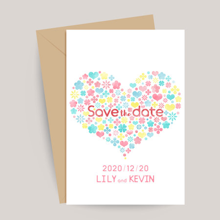 watercolor vector wedding invitation card with heart illustration, save the dateのイラスト素材