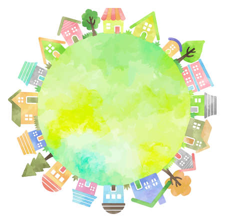 watercolor vector hand drawn houses illustration, small planetのイラスト素材