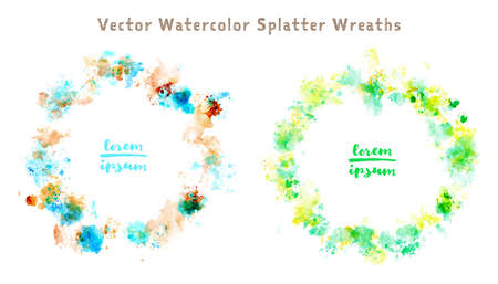 vector watercolor splatter wreaths; blue orange, yellow greenのイラスト素材