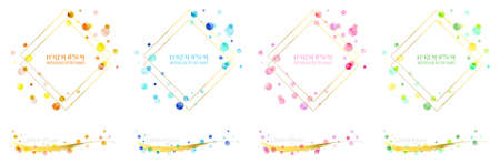 vector watercolor frames with colorful bubbles, gold linesのイラスト素材