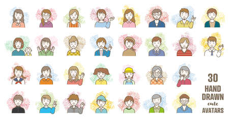 Set of various vector avatars, Simple hand drawn illustration of male and female facesのイラスト素材