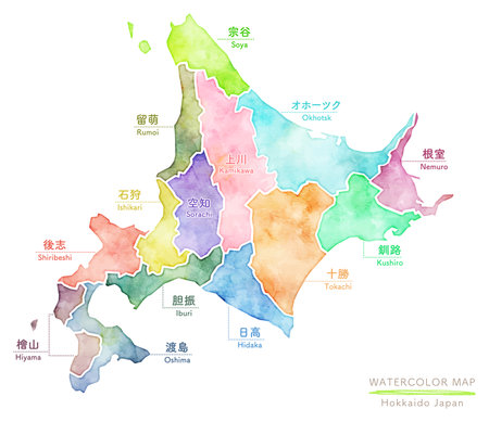 watercolor map of Hokkaido, Japanのイラスト素材