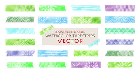 vector watercolor tape strips, japanese washi patternのイラスト素材