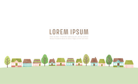 watercolor hand drawn houses and treesのイラスト素材