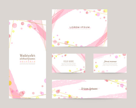 Vector design templates with colorful watercolor bubbles, gold lines; leaflet cover, card, business cards, banner (pink)のイラスト素材