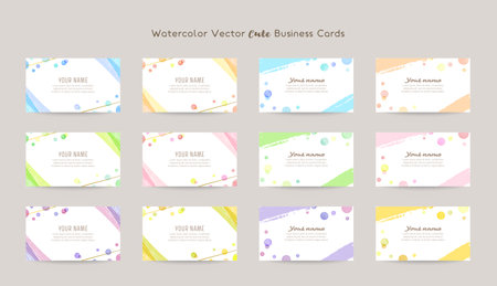 Vector design templates with colorful watercolor bubbles, gold lines; business cardsのイラスト素材