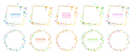 Vector gold line frames with colorful watercolor dotsのイラスト素材