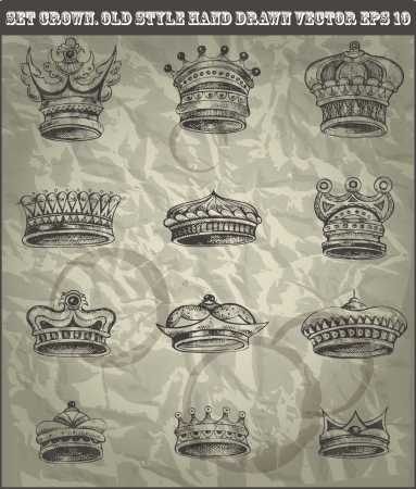 set antique crown in old hand drawn style のイラスト素材