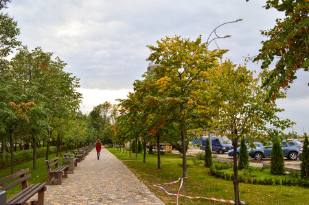 the girl is walking along the avenue in the park, Ukraineの写真素材