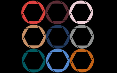 Nine colorful, bright, colorful diaphragms painted in the most fashionable colors of 2018 on a black...