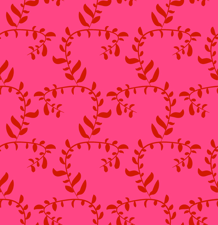 Red, curved twigs and leaves on a pink background. Pattern. Vector illustration.のイラスト素材