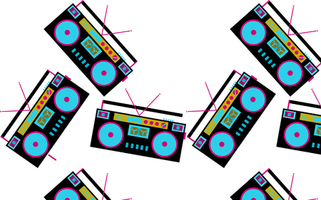 Pattern of black and blue, colored, hipster, beautiful, vintage retro audio tape recorders from the 80's and 90's scattered in different directions on a white background. Seamless texture. Vector illustration.のイラスト素材
