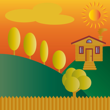 A log, wooden, rustic house with a porch on a hill in yellow, the sun, clouds, a sharp fence and orange trees. Autumn landscape. Vector illustration.のイラスト素材
