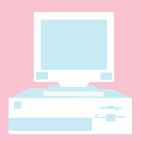 White with blue retro, vintage, hipster, old, female computer from the 80's, 90's with a system unit located below the monitor on a pink background.Vector illustration.のイラスト素材